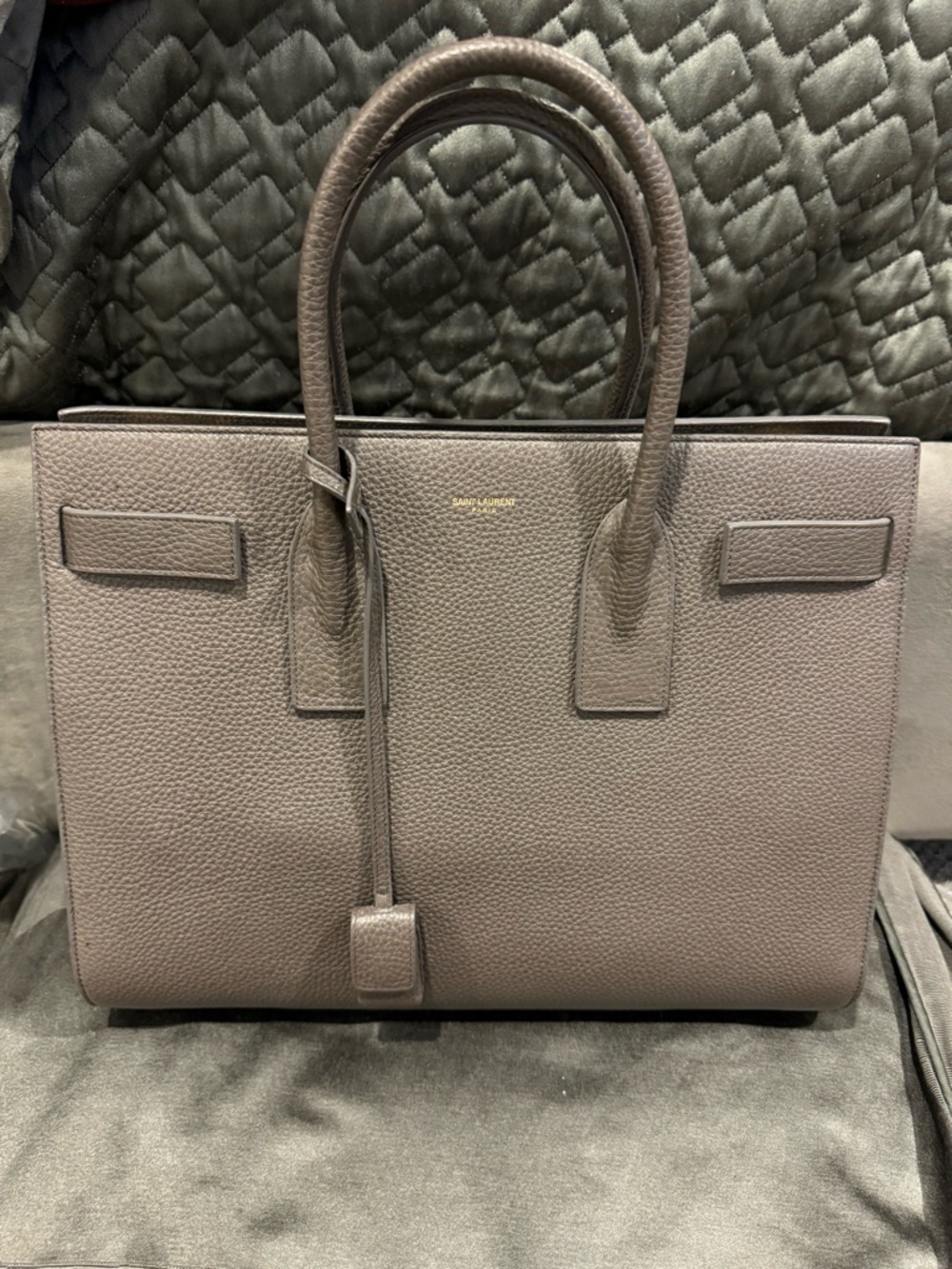Saint Laurent Pebbled Leather Satchel in Taupe